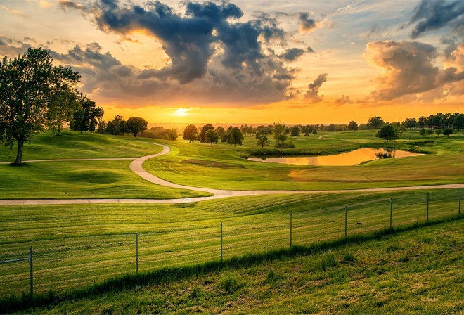 scenery, fields, grass, path, clouds