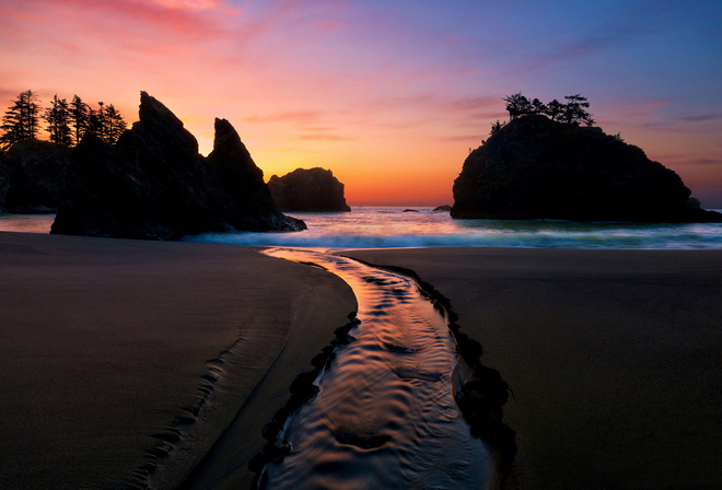 sunset, sea, sand, clouds, sky