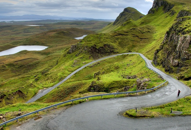 road, mountain, lagoon, green, grass