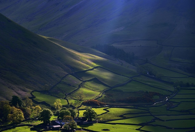 sunlight, village, mountain, clouds