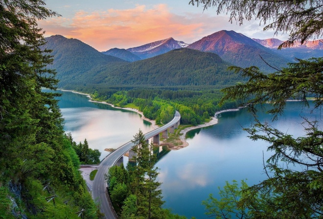 green, road, mountain, tree, lake