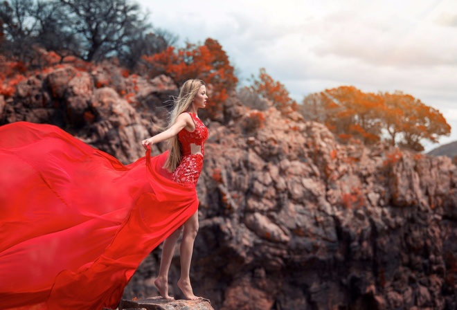 dress, rock, wind, girl