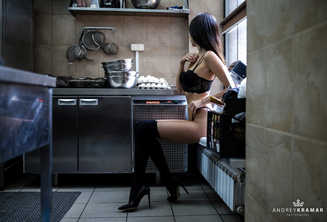 andrey kramar, kitchen, stockings, model, thin