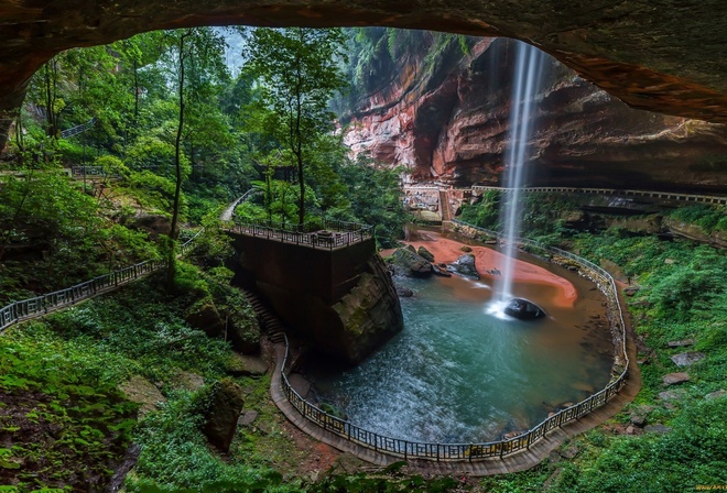 trails, waterfall, rocks, river, water