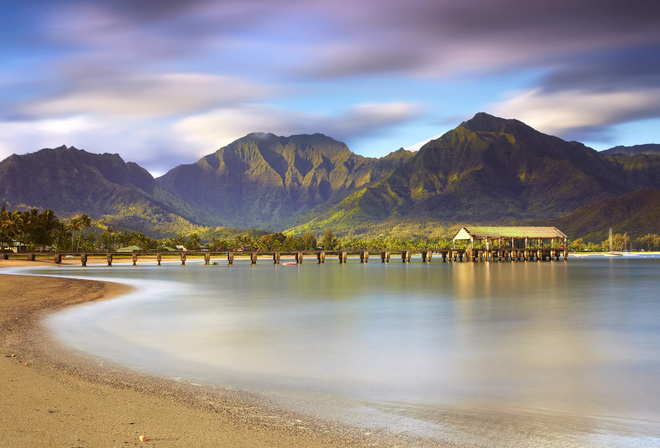 jetty, mountains, ocean, trees