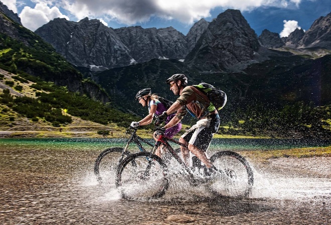 alps, cyclists, water, mountain