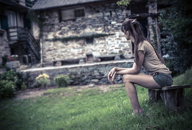 girl, bench, short, old house