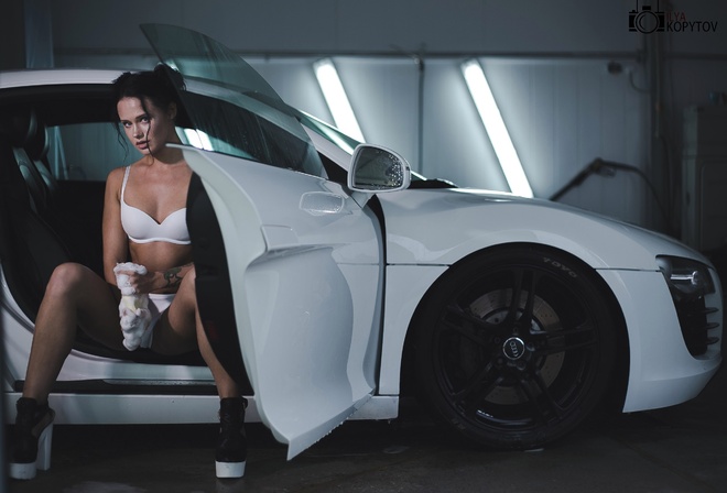 Anastasia Maslovskaya, women, model, brunette, women with cars, car, white lingerie, tattoos, high heels, sitting, portrait, looking at viewer