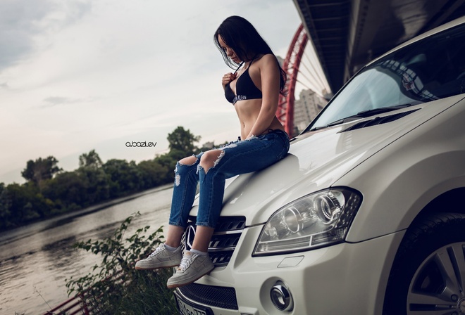 women, model, car, pants, bikini, river, torn jeans, bikini top, sitting, sneakers, black hair, women outdoors, brunette, Alex Bazilev