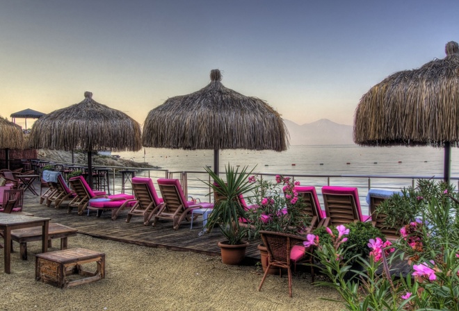 vacation, sea, flowers, huts