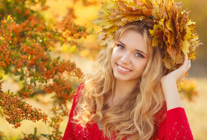 , , , , , , , , autumn, girl, blonde, make-up, a smile, a look, a wreath, leaves