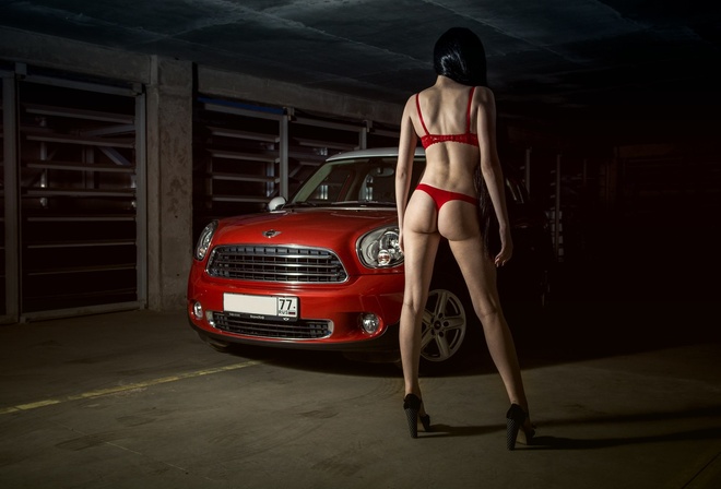 Maria Yudina, women, ass, back, high heels, red lingerie, car, Mini Cooper, long hair