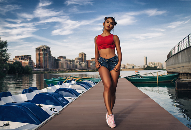 women, portrait, sneakers, jean shorts, short shorts, tanned, belly, river, Aleksandr Tsarev, sky, clouds