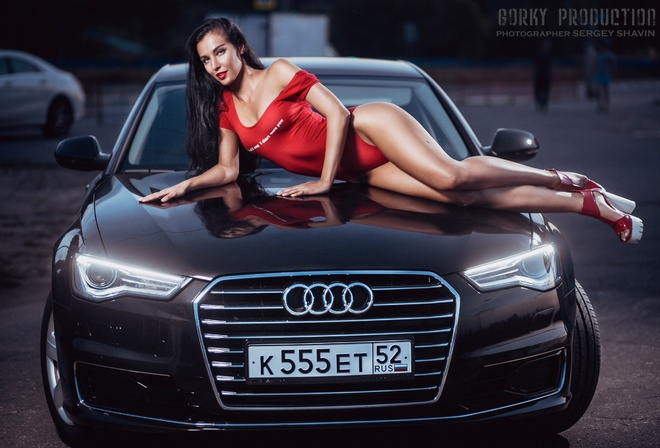 Yulia Chekanova, women, hips, one-piece, car, high heels, brunette, women outdoors, black hair, long hair, Sergey Shavin