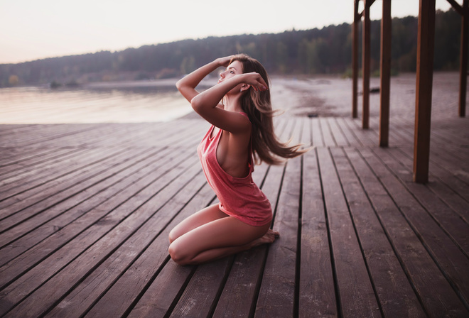 Daria Gunia, women, kneeling, brunette, sideboob, underboob, T-shirt, wooden surface, portrait, long hair, armpits, looking away, ass, depth of field