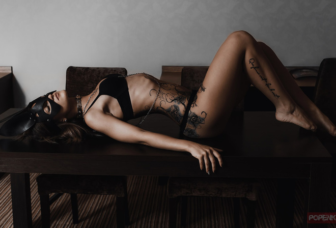 women, mask, black lingerie, tattoos, arched back, tablechair, closed eyes, belly, ass, brunette, Andrey Popenko