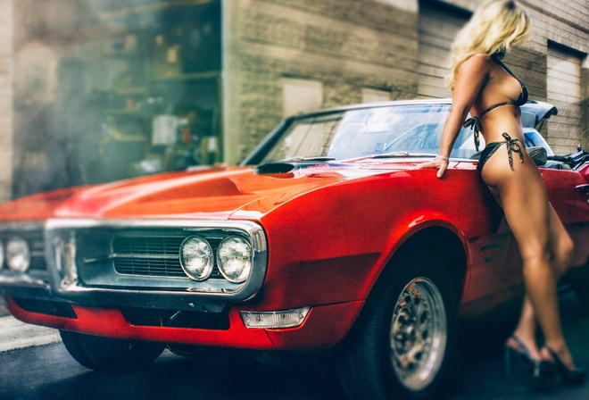 muscle cars, women, blonde, bikini, with, Pontiac