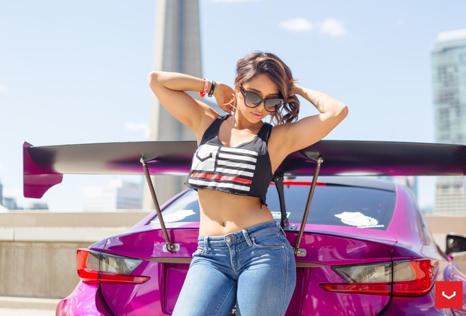 Tianna Gregory, women, model, brunette, women outdoors, car, T-shirt, pants, jeans, belly, urban, city, hands on head, women with glasses, sunglasses, portrait, depth of field, tattoo