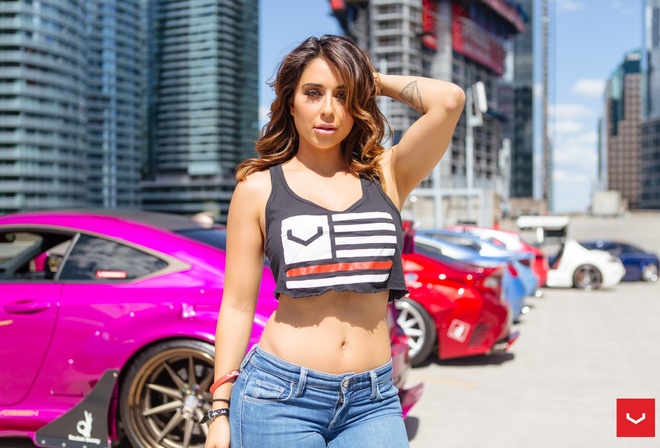 Tianna Gregory, women, model, brunette, women outdoors, car, T-shirt, pants, jeans, belly, urban, city, hands on head, portrait, depth of field