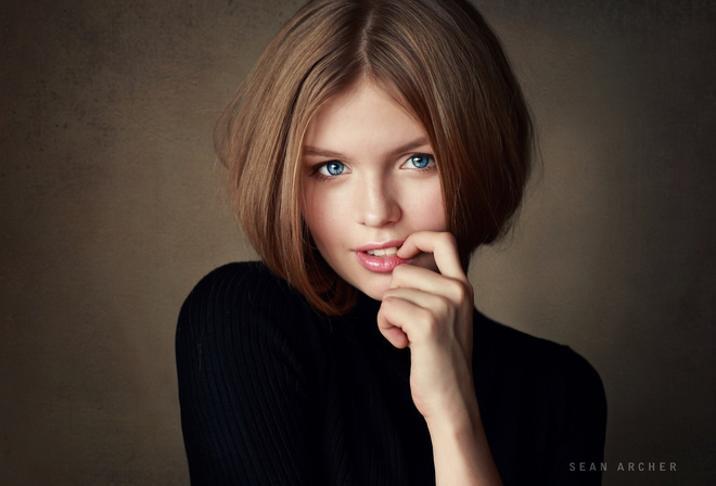 women, face, finger on lips, portrait, blue eyes, simple background, Sean Archer