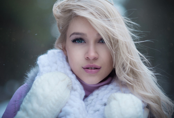 women, blonde, face, fur, depth of field, Dmitry Belyaev, blue eyes, gloves