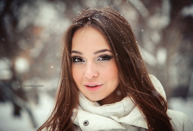 women, face, portrait, snow, depth of field