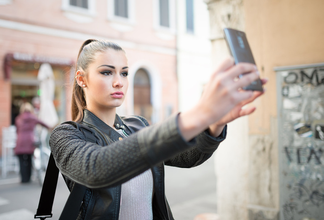 women, portrait, women outdoors, ponytail, selfies, leather jackets, eyeliner