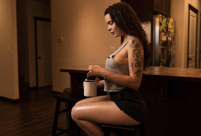 women, portrait, shorts, tanned, T-shirt, cup, tea, sitting, tattoo, nose rings, sideboob