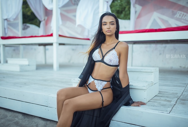 women, tanned, sitting, see-through clothing, white lingerie, belly, Slava Kol