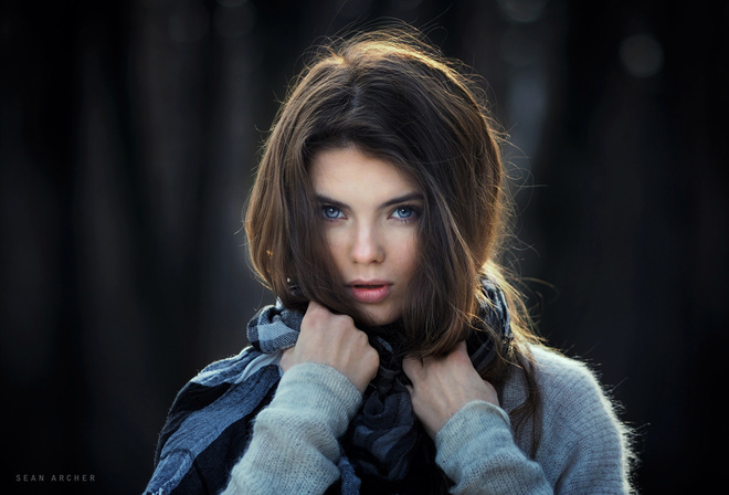 women, face, portrait, depth of field, blue eyes, scarf, sweater, Sean Archer