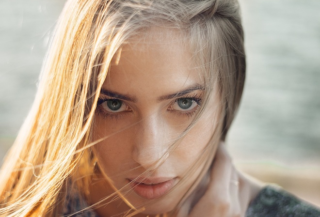 Victoria Morozova, women, blonde, face, portrait, depth of field, gray eyes