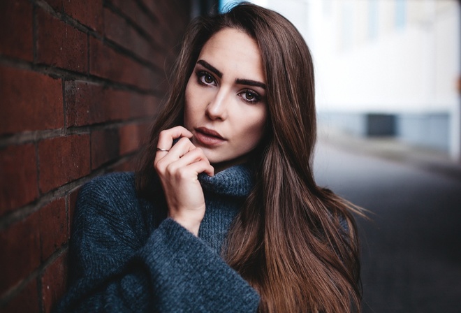 women, face, portrait, bricks, wall, depth of field