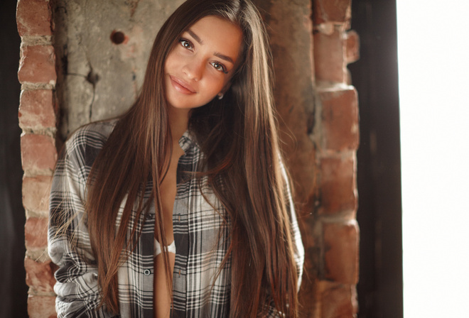 women, portrait, wall, straight hair, bricks, white bra, tanned, shirt, open shirt, smiling