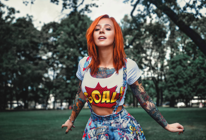 Yana Sinner, women, redhead, T-shirt, overalls, tattoos, portrait, women outdoors, painted nails, trees