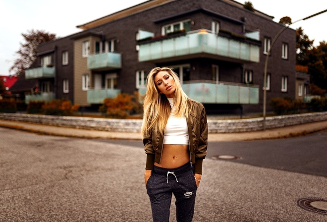 women, blonde, street, belly, tanned, sweater, pants, Just Do It, depth of field, Miro Hofmann