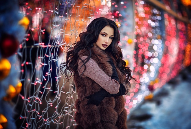 Margarita Jvoryj, women, portrait, fur, gloves, depth of field