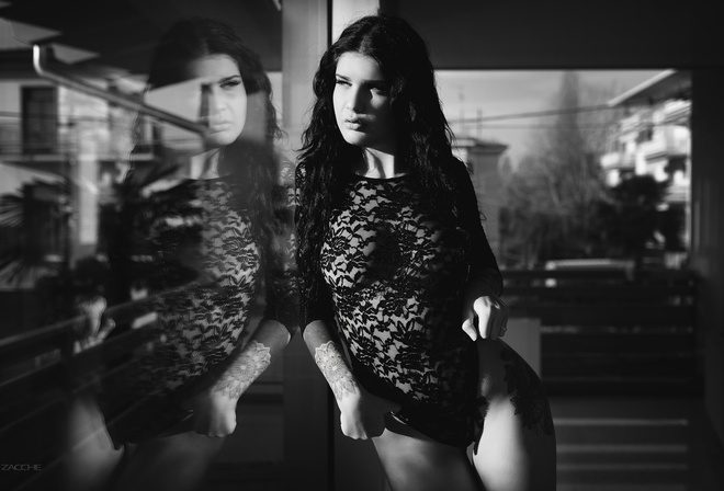 women, portrait, black lingerie, the gap, see-through clothing, glass, reflection, depth of field, black hair, monochrome, tattoo, Giovanni Zacche