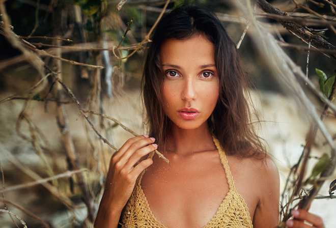 women, tanned, bikini top, portrait, face, depth of field