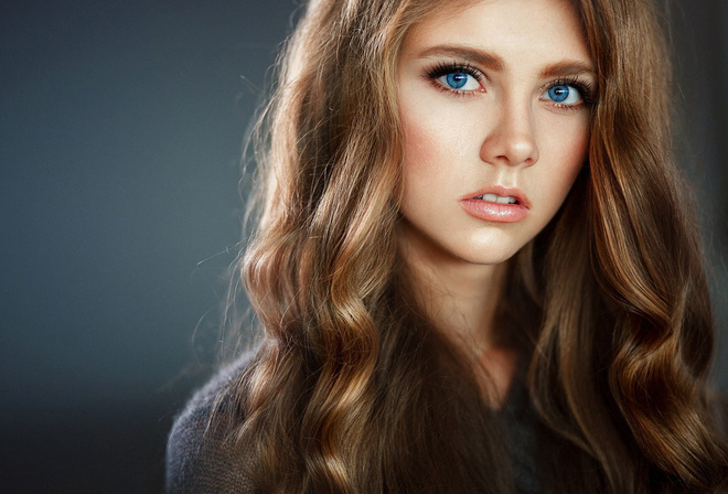 women, face, portrait, blue eyes, simple background