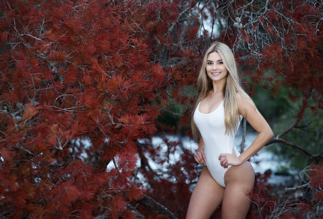 women, tanned, blonde, one-piece swimsuit, smiling, hands on hips, ass, portrait, trees, women outdoors