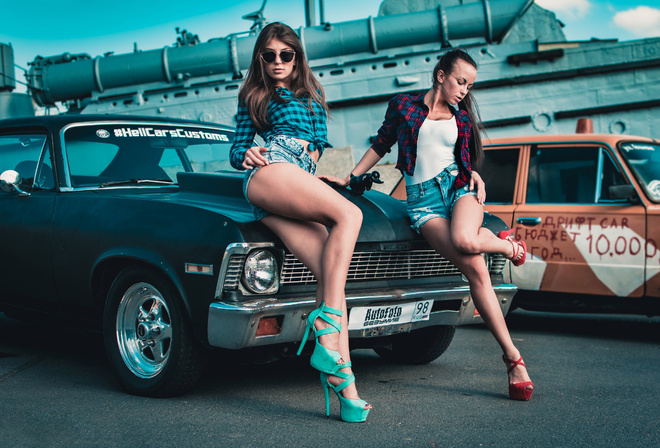 women, sunglasses, high heels, jean shorts, car, shirt, ass, women outdoors, women with glasses, brunette