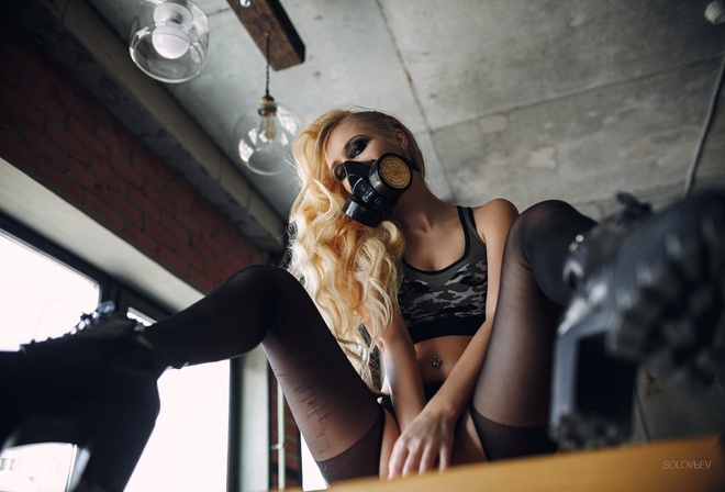 Arishka Mironova, women, blonde, gas masks, sitting, tanned, pierced navel, pantyhose, strategic covering