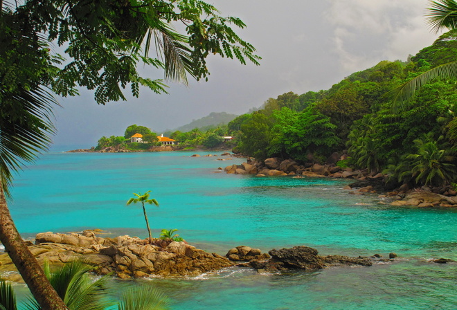 sea, tropics, palm trees, mountains, stones, island