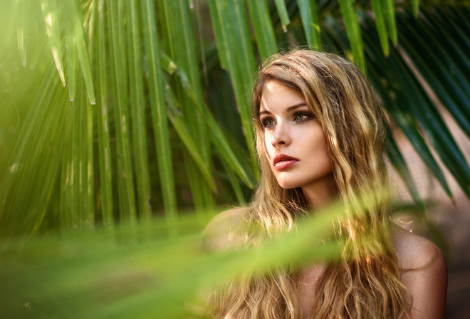 women, blonde, wavy hair, depth of field, portrait