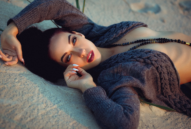 women, face, sand, portrait, necklace, white nails