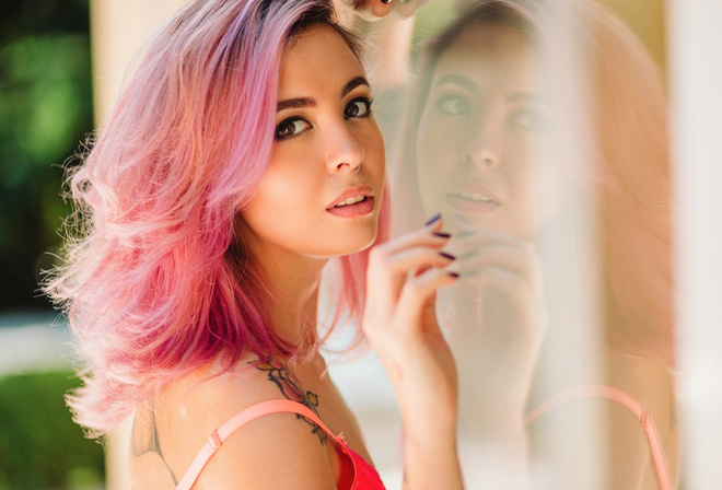 women, portrait, pink hair, glass, depth of field, nose rings, tattoo