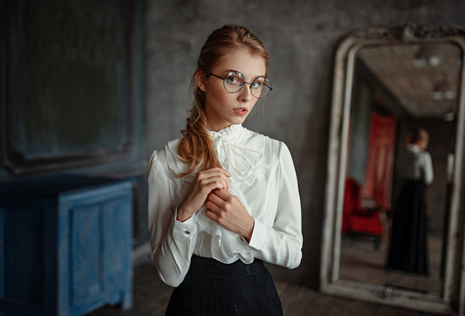 women, blonde, glasses, portrait, mirror, reflection, Georgy Chernyadyev, depth of field