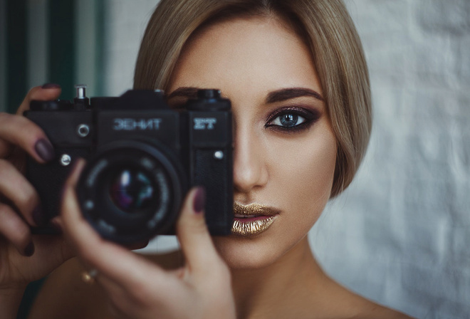 women, blonde, face, portrait, camera, painted nails