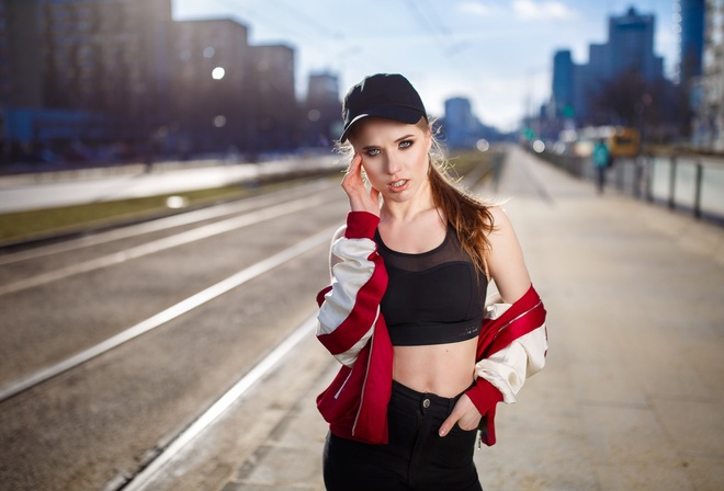 women, baseball caps, portrait, women outdoors, sweater, depth of field