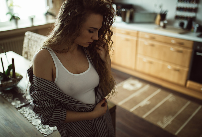 women, portrait, T-shirt, see-through clothing, nipple through clothing, shirt, kitchen, closed eyes, depth of field